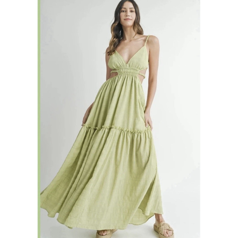 MABLE Cutout Waist Backless Maxi Dress Apple Green Ruffles Boho Bohemian Size L